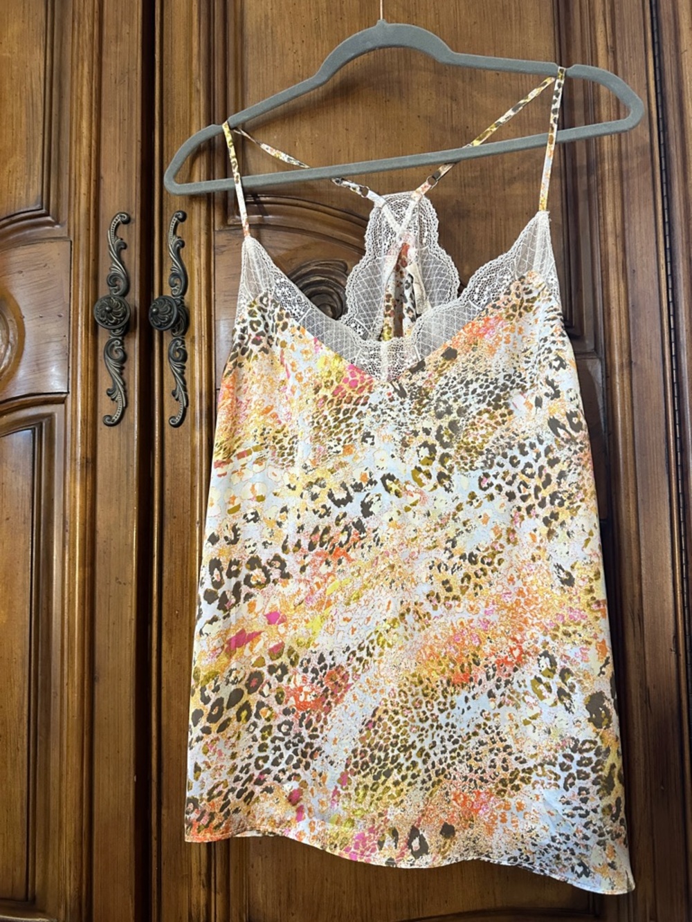 Mystree Anthropologie Lace Trim Multicolor Leopard Print Cami Tank Large